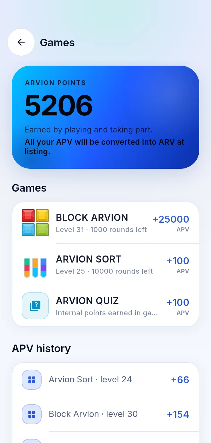 The games screen of the Arvion app
