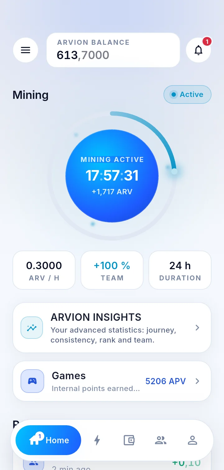 The home screen of the Arvion app
