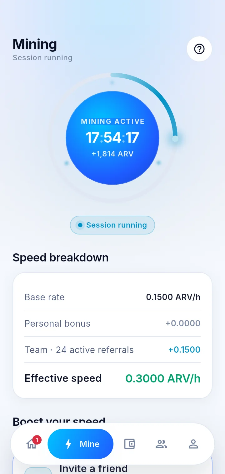 The mining screen of the Arvion app