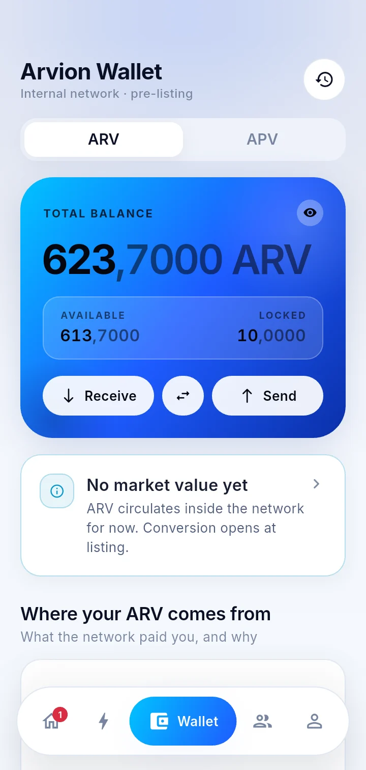 The wallet screen of the Arvion app