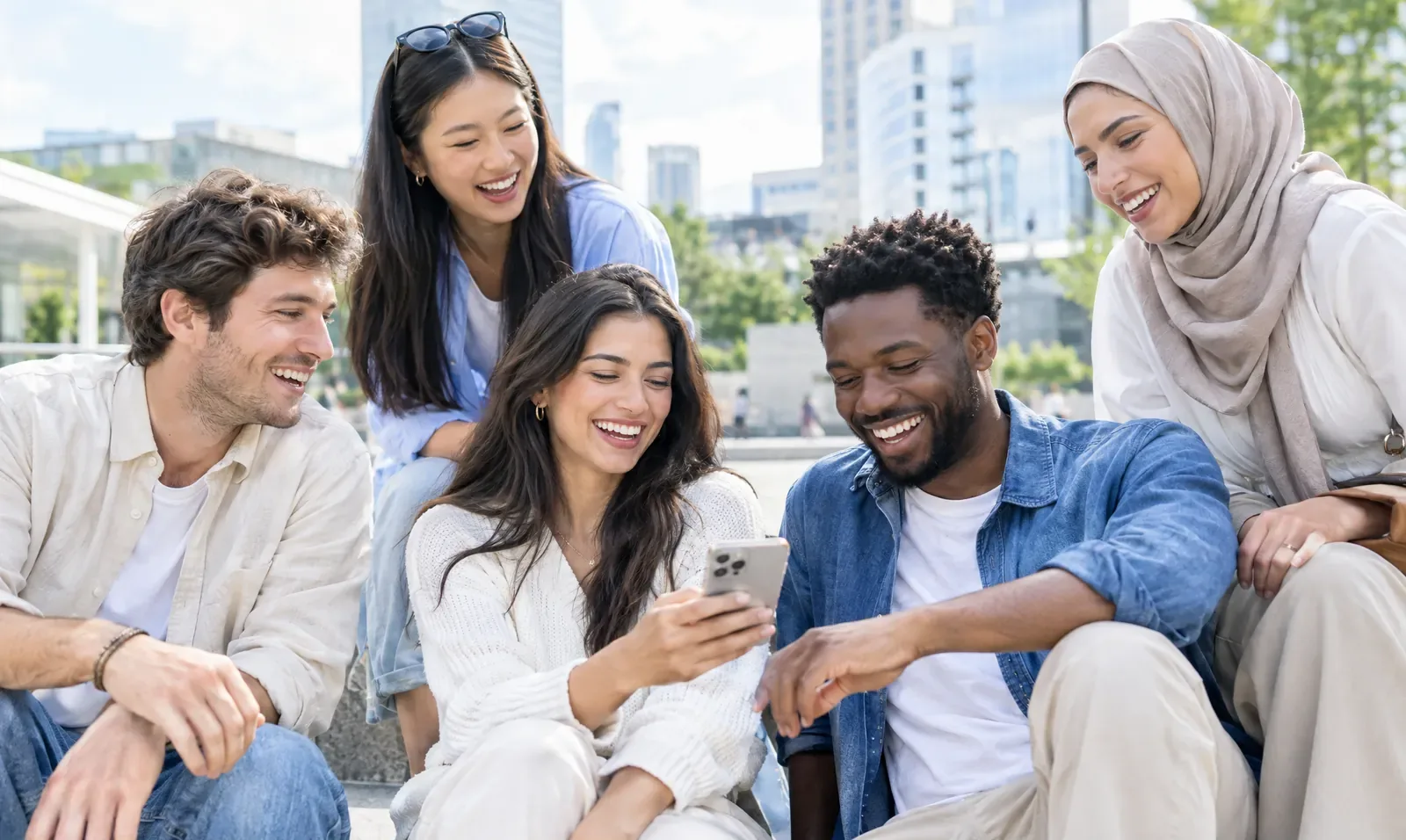 Young people from different countries laughing together around a phone