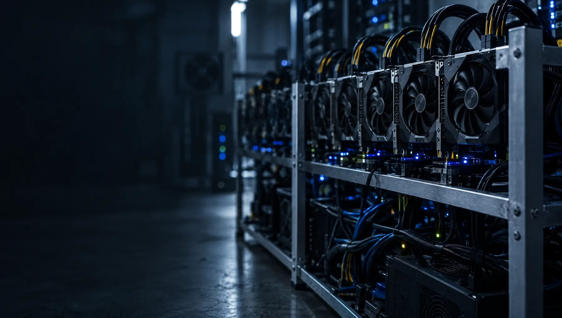 Rows of graphics cards in a dim, industrial crypto mining farm