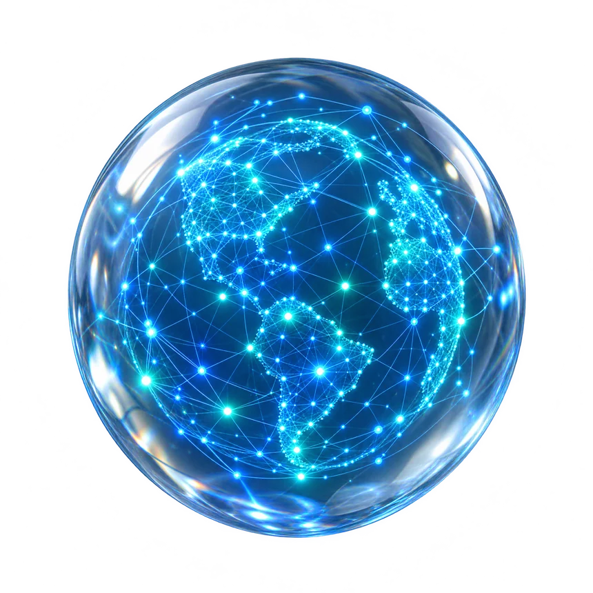 A glass globe filled with a glowing network of connected nodes